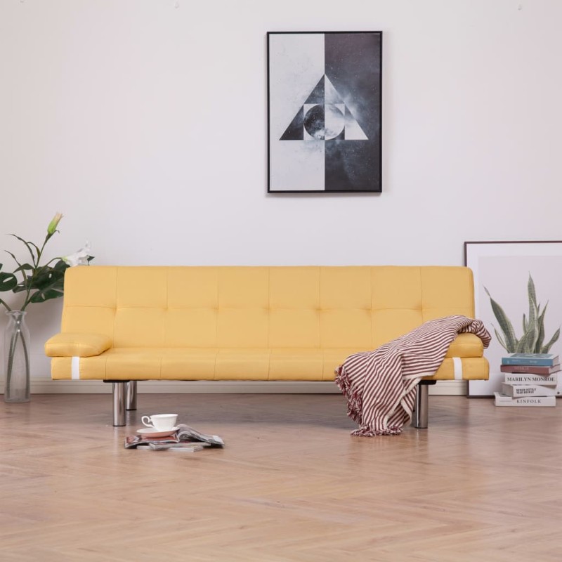 vidaXL Sofá cama con dos almohadas de poliéster amarillo vidaXL Sofá cama con dos almohadas de poliéster amarillo