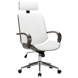 vidaXL Silla oficina con reposacabezas cuero sintético madera blanco
