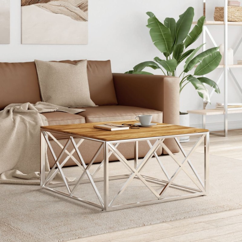 vidaXL Mesa de centro acero inoxidable y madera maciza acacia plateado vidaXL Mesa de centro acero inoxidable y madera maciza acacia plateado