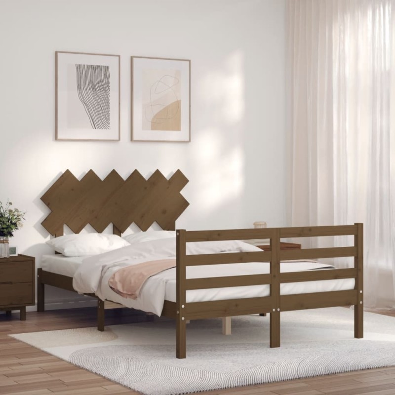 vidaXL Estructura de cama matrimonio con cabecero madera marrón miel vidaXL Estructura de cama matrimonio con cabecero madera marrón miel