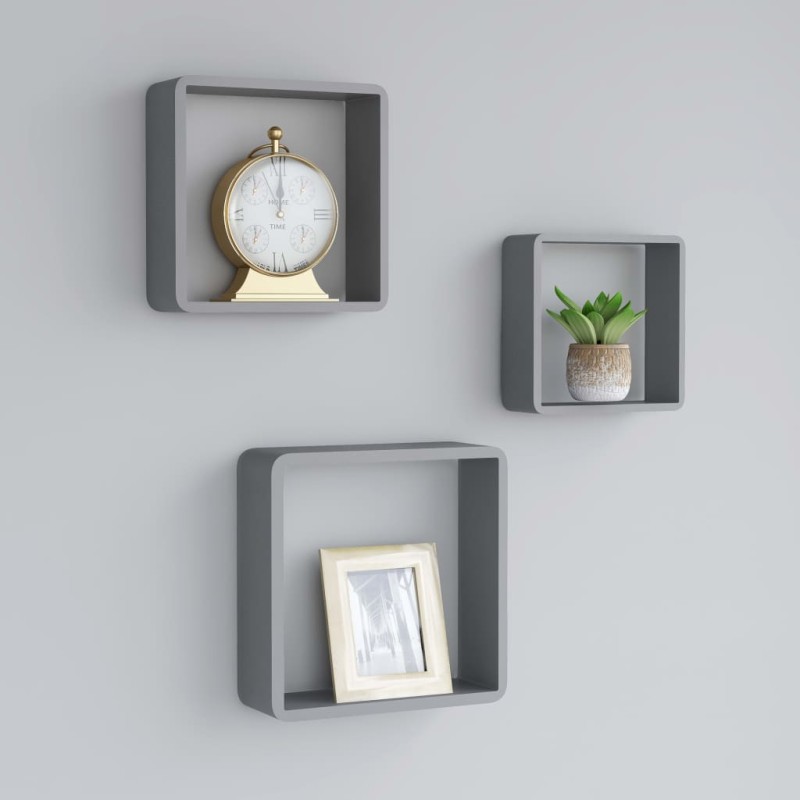 vidaXL Estantes cubo de pared 3 unidades MDF gris