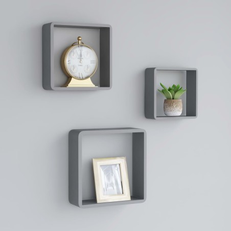 vidaXL Estantes cubo de pared 3 unidades MDF gris