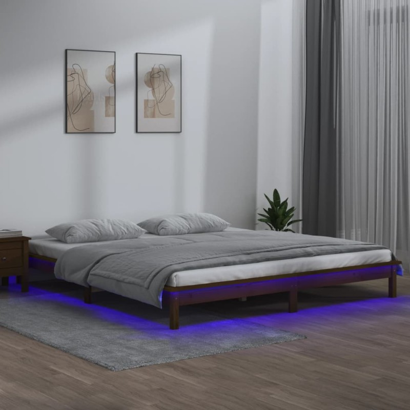 vidaXL Estructura de cama con LED madera maciza marrón miel 140x190 cm vidaXL Estructura de cama con LED madera maciza marrón miel 140x190 cm