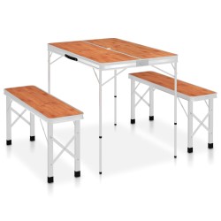 vidaXL Mesa de camping plegable con 2 bancos aluminio marrón