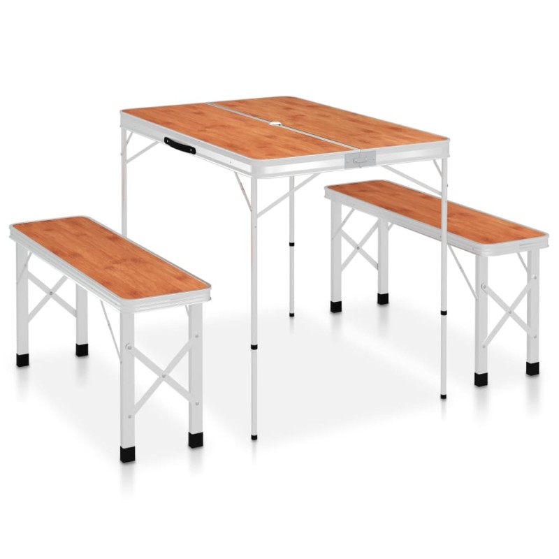 vidaXL Mesa de camping plegable con 2 bancos aluminio marrón vidaXL Mesa de camping plegable con 2 bancos aluminio marrón