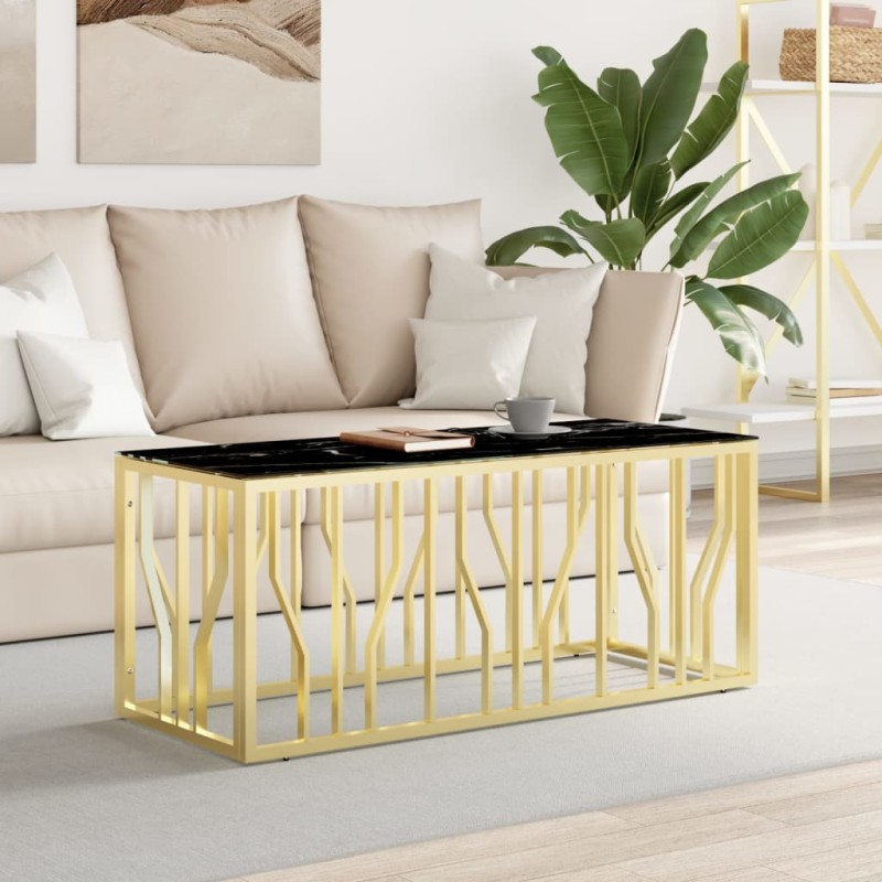 vidaXL Mesa de centro de acero inoxidable y vidrio dorada 110x45x45 cm vidaXL Mesa de centro de acero inoxidable y vidrio dorada 110x45x45 cm