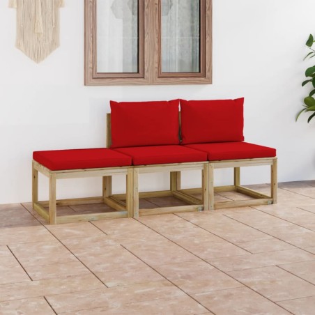 vidaXL Juego de muebles de jardín 3 piezas con cojines rojos