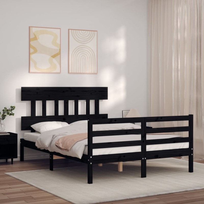 vidaXL Estructura cama de matrimonio con cabecero madera maciza negro vidaXL Estructura cama de matrimonio con cabecero madera maciza negro