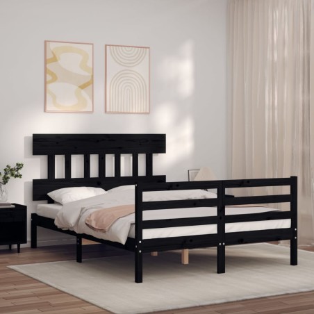vidaXL Estructura cama de matrimonio con cabecero madera maciza negro