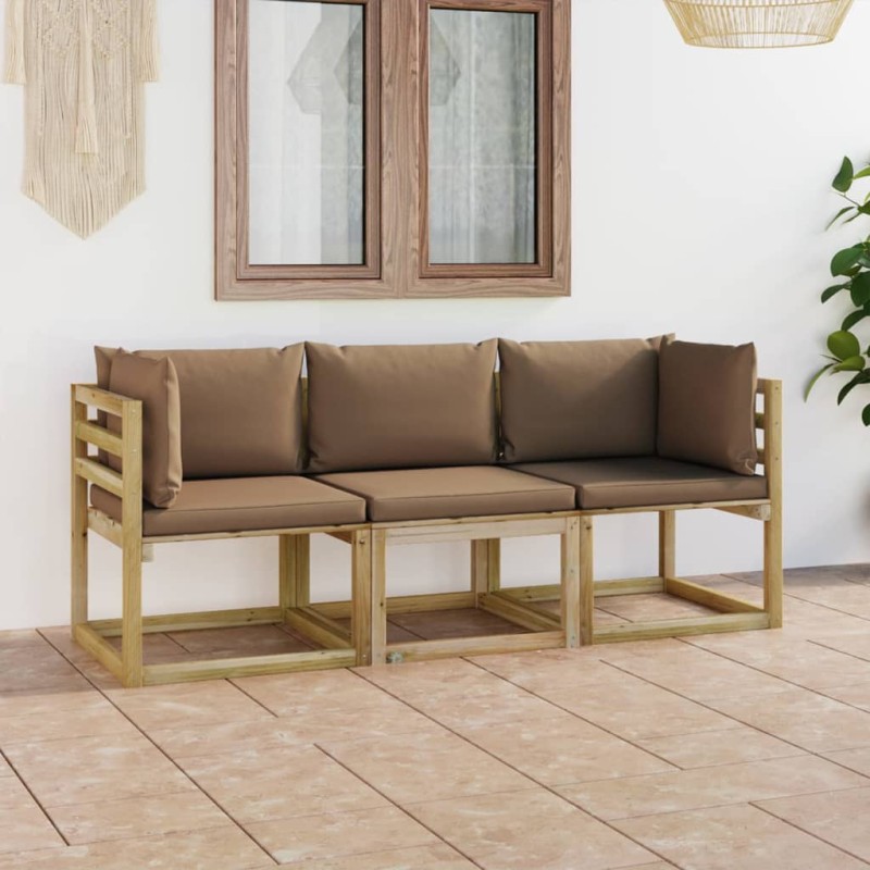 vidaXL Sofá de jardín de 3 plazas con cojines gris taupe vidaXL Sofá de jardín de 3 plazas con cojines gris taupe