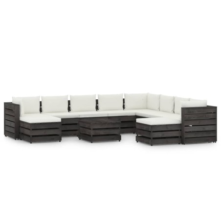 vidaXL Muebles de jardín 11 pzas con cojines madera impregnada gris