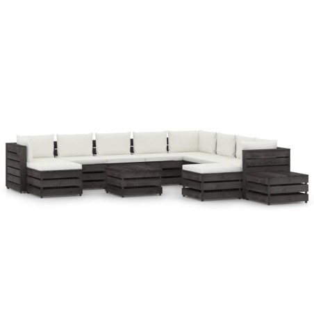 vidaXL Muebles de jardín 12 pzas con cojines madera impregnada gris