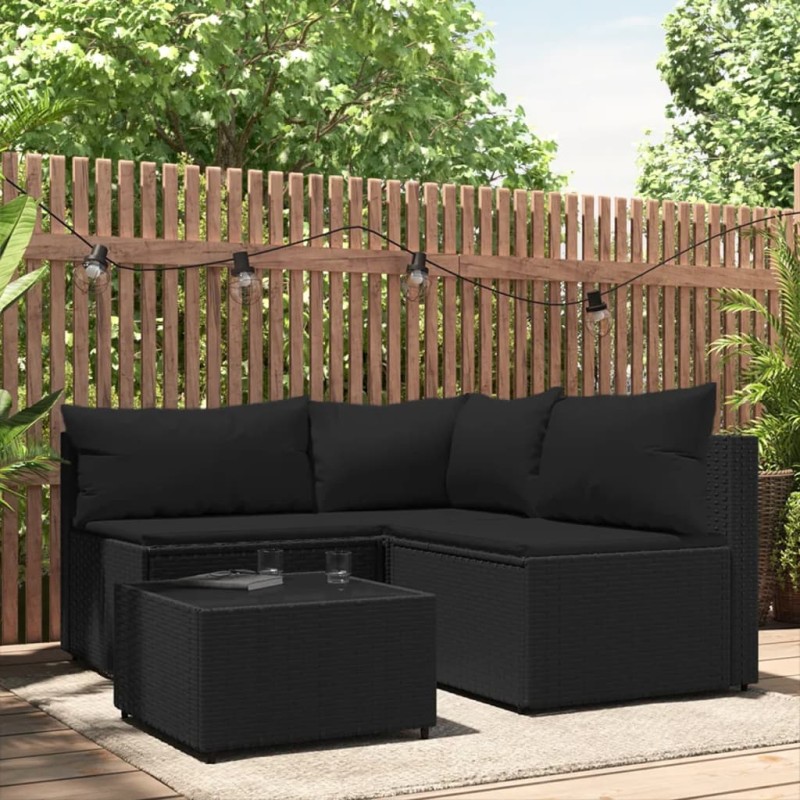 vidaXL Juego de jardín con cojines 4 piezas ratán sintético negro vidaXL Juego de jardín con cojines 4 piezas ratán sintético negro