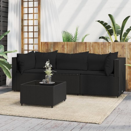 vidaXL Juego de jardín con cojines 4 piezas ratán sintético negro
