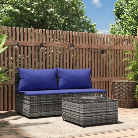 vidaXL Set de muebles de jardín 3 pzas y cojines ratán sintético gris