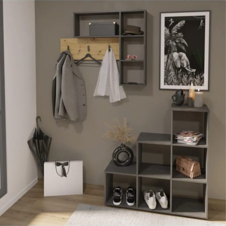 FMD Perchero de pared 4 compartimentos abiertos gris antracita y roble