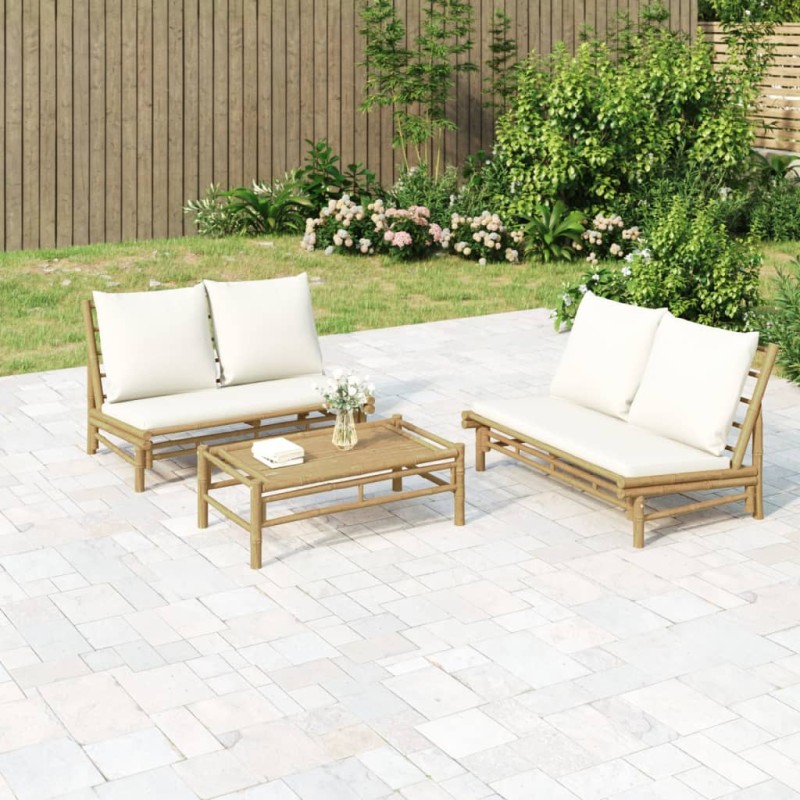 vidaXL Banco de jardín de bambú con cojines blanco crema vidaXL Banco de jardín de bambú con cojines blanco crema