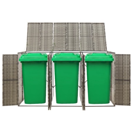 vidaXL Cobertizo 3 contenedores de basura ratán PE gris 207x80x117 cm