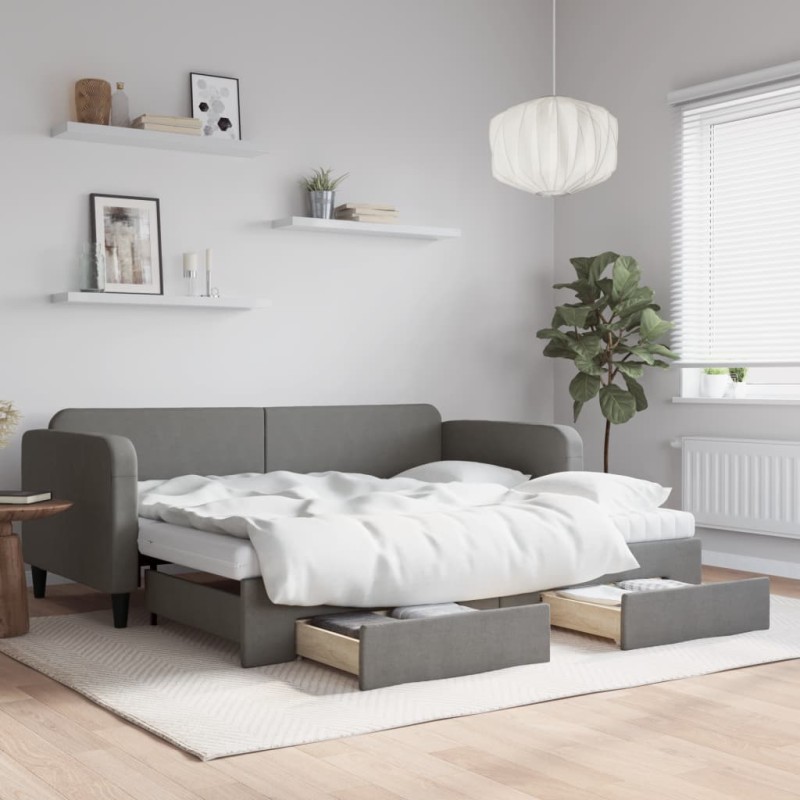 vidaXL Sofá cama nido con cajones tela gris oscuro 90x200 cm vidaXL Sofá cama nido con cajones tela gris oscuro 90x200 cm