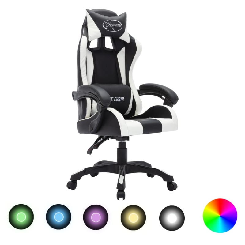 vidaXL Silla gaming con luces LED RGB cuero sintético blanco y negro vidaXL Silla gaming con luces LED RGB cuero sintético blanco y negro