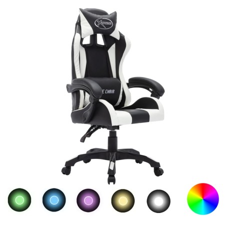 vidaXL Silla gaming con luces LED RGB cuero sintético blanco y negro