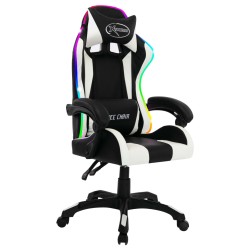 vidaXL Silla gaming con luces LED RGB cuero sintético blanco y negro