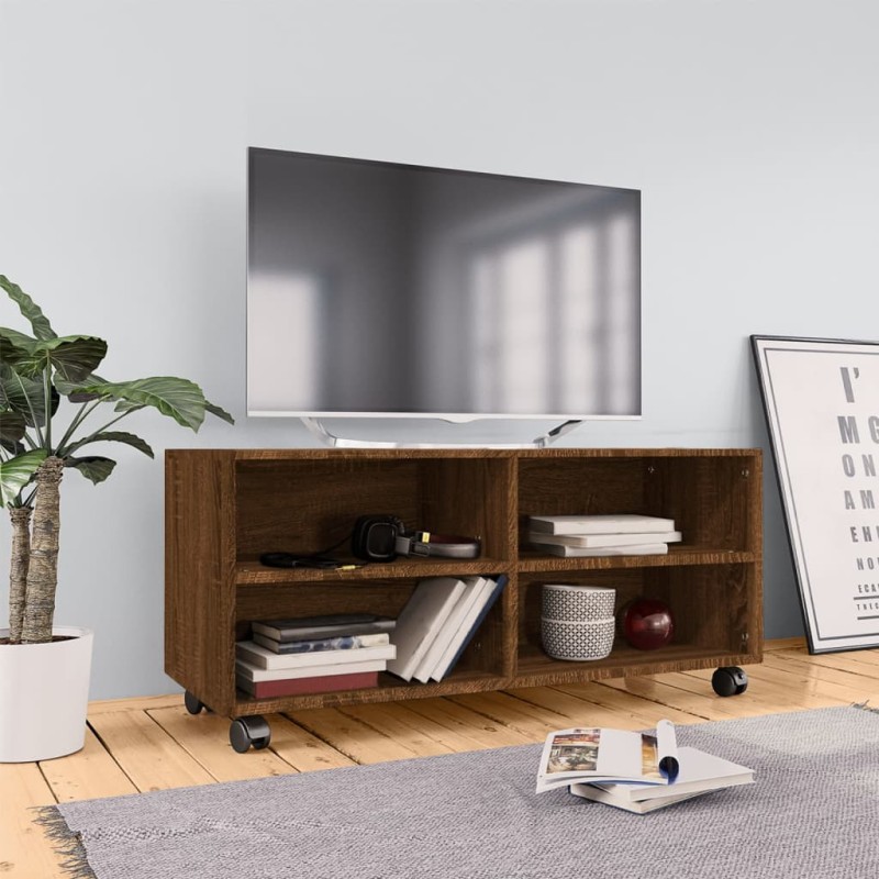 vidaXL Mueble TV ruedas madera contrachapada roble marrón 90x35x35 cm vidaXL Mueble TV ruedas madera contrachapada roble marrón 90x35x35 cm