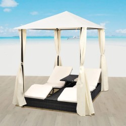 vidaXL Tumbona doble con cortinas ratán sintético negro