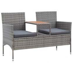 vidaXL Banco de jardín 2 plazas con mesita ratán sintético gris 143 cm