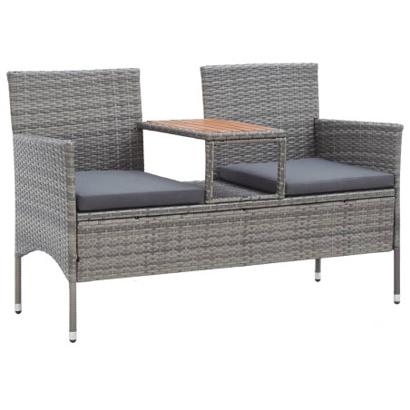 vidaXL Banco de jardín 2 plazas con mesita ratán sintético gris 143 cm