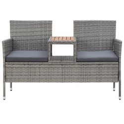 vidaXL Banco de jardín 2 plazas con mesita ratán sintético gris 143 cm