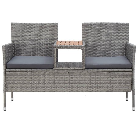 vidaXL Banco de jardín 2 plazas con mesita ratán sintético gris 143 cm