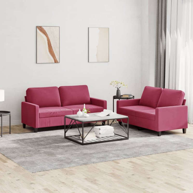 vidaXL Juego de sofás con cojines 2 piezas terciopelo rojo tinto vidaXL Juego de sofás con cojines 2 piezas terciopelo rojo tinto