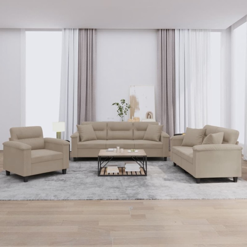 vidaXL Juego de sofás con cojines 3 piezas tela microfibra gris taupe vidaXL Juego de sofás con cojines 3 piezas tela microfibra gris taupe