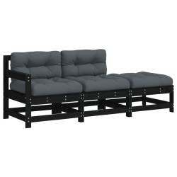 vidaXL Juego de sofás de jardín 3 pzas con cojines madera maciza negro