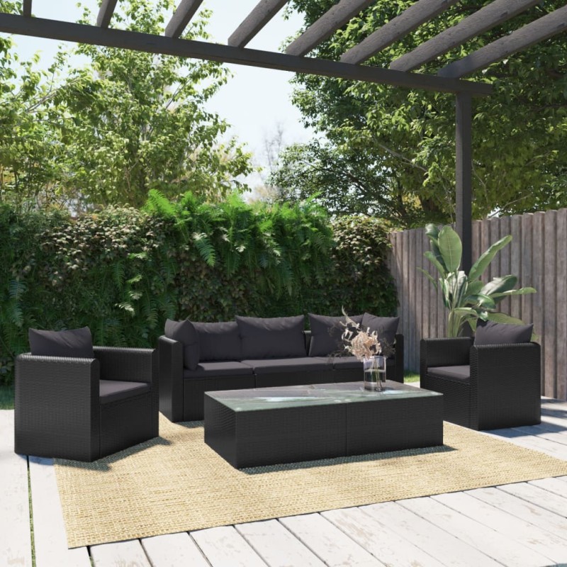 vidaXL Set de muebles de jardín y cojines 7 pzas ratán sintético negro vidaXL Set de muebles de jardín y cojines 7 pzas ratán sintético negro