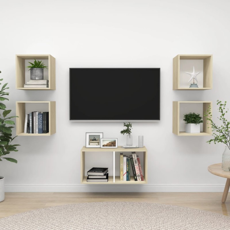 vidaXL Muebles de salón 5 pzas madera ingeniería blanco y roble Sonoma vidaXL Muebles de salón 5 pzas madera ingeniería blanco y roble Sonoma