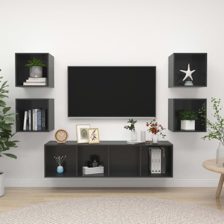 vidaXL Muebles de salón 5 piezas madera de ingeniería gris con brillo