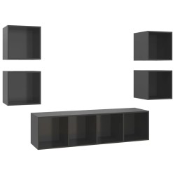vidaXL Muebles de salón 5 piezas madera de ingeniería gris con brillo
