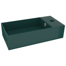 vidaXL Lavabo con rebosadero cerámica verde oscuro