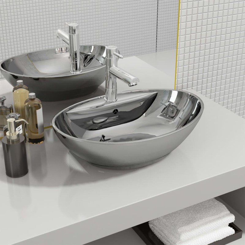 vidaXL Lavabo con rebosadero 58,5x39x21 cm cerámica plateado vidaXL Lavabo con rebosadero 58,5x39x21 cm cerámica plateado