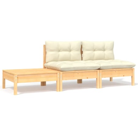 vidaXL Muebles de jardín 3 piezas madera maciza pino con cojines crema