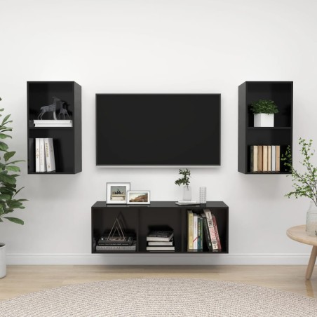 vidaXL Muebles de salón 3 piezas madera de ingeniería negro con brillo