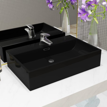 vidaXL Lavabo con orificio para grifo cerámica negro 60,5x42,5x14,5 cm