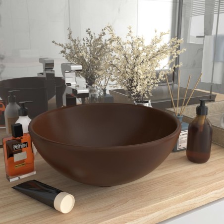 vidaXL Lavabo de lujo redondo cerámica marrón oscuro mate 32,5x14 cm