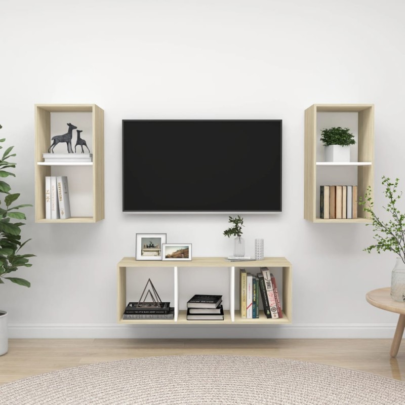 vidaXL Muebles de salón 3 pzas madera ingeniería blanco y roble Sonoma