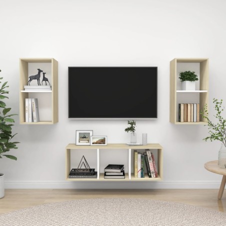 vidaXL Muebles de salón 3 pzas madera ingeniería blanco y roble Sonoma