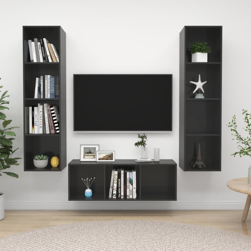 vidaXL Muebles de salón 3 piezas madera de ingeniería gris con brillo