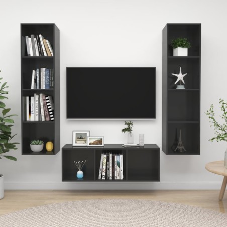 vidaXL Muebles de salón 3 piezas madera de ingeniería gris con brillo