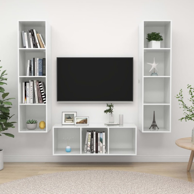 vidaXL Juego de muebles de salón 3 pzs madera ingeniería blanco brillo